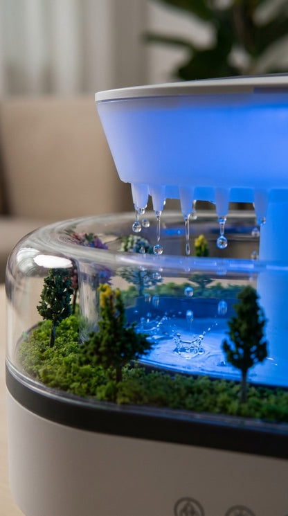 Humidificador efecto lluvia SomniaDrop en dormitorio de noche — ambiente relajante
