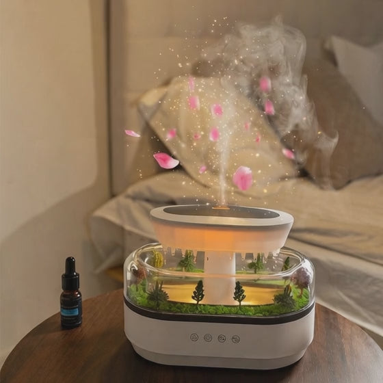 Demostración del humidificador con efecto lluvia - funcionamiento silencioso y vapor aromático